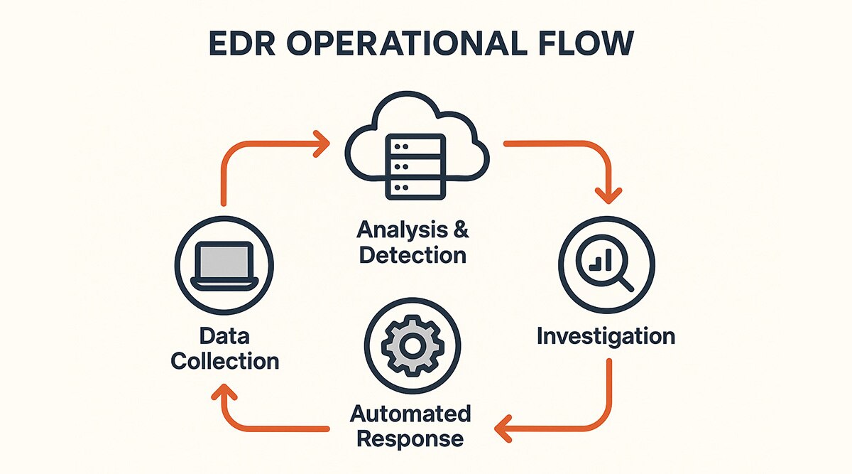 EDR Operational Flow Infographic A digital infographic titled "EDR Operational Flow" that illustrates the four key stages of an Endpoint Detection and Response (EDR) system. The stages—Data Collection, Analysis & Detection, Investigation, and Automated Response—are each represented by a circular icon with a label beneath. The icons are arranged in a circular flow and connected by burnt orange arrows, demonstrating the continuous lifecycle of EDR operations. The design features a clean, modern aesthetic with a light background and navy blue text for high readability.