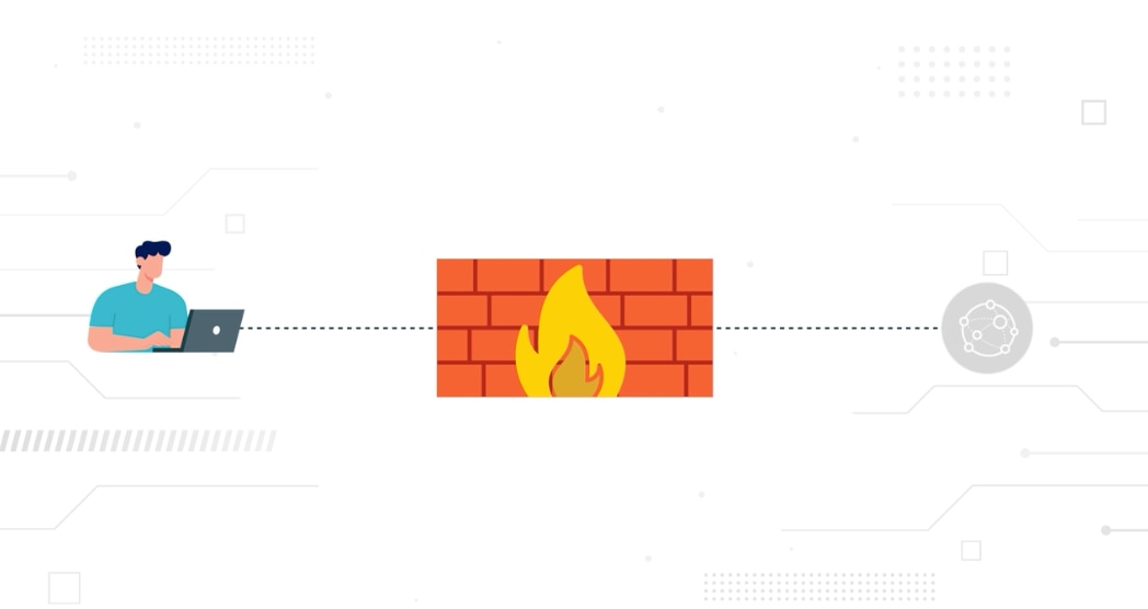 Image of a user at a computer with a firewall icon in between the user and a network