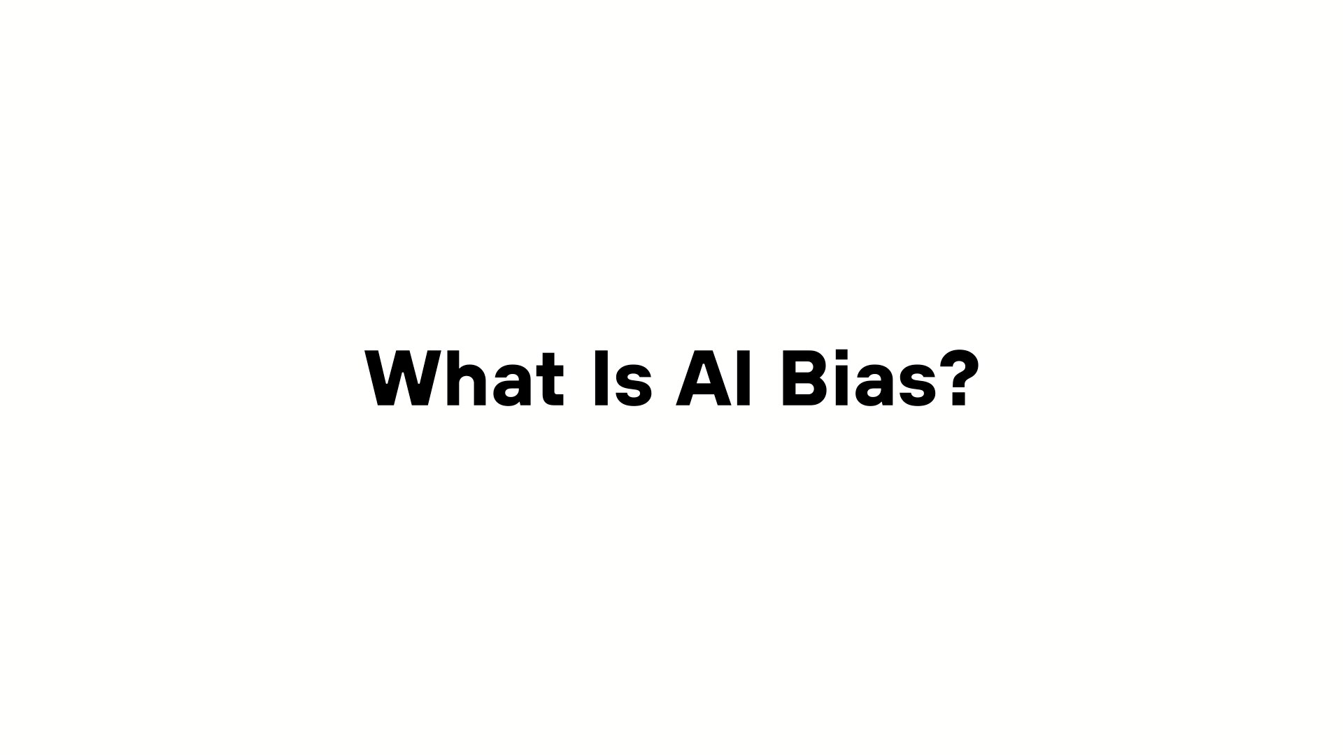 A minimalist presentation slide features a white background with faint, high-tech geometric patterns of lines, dots, and circuits in the corners. Large, bold black text in the center reads 'What is AI Bias?'.