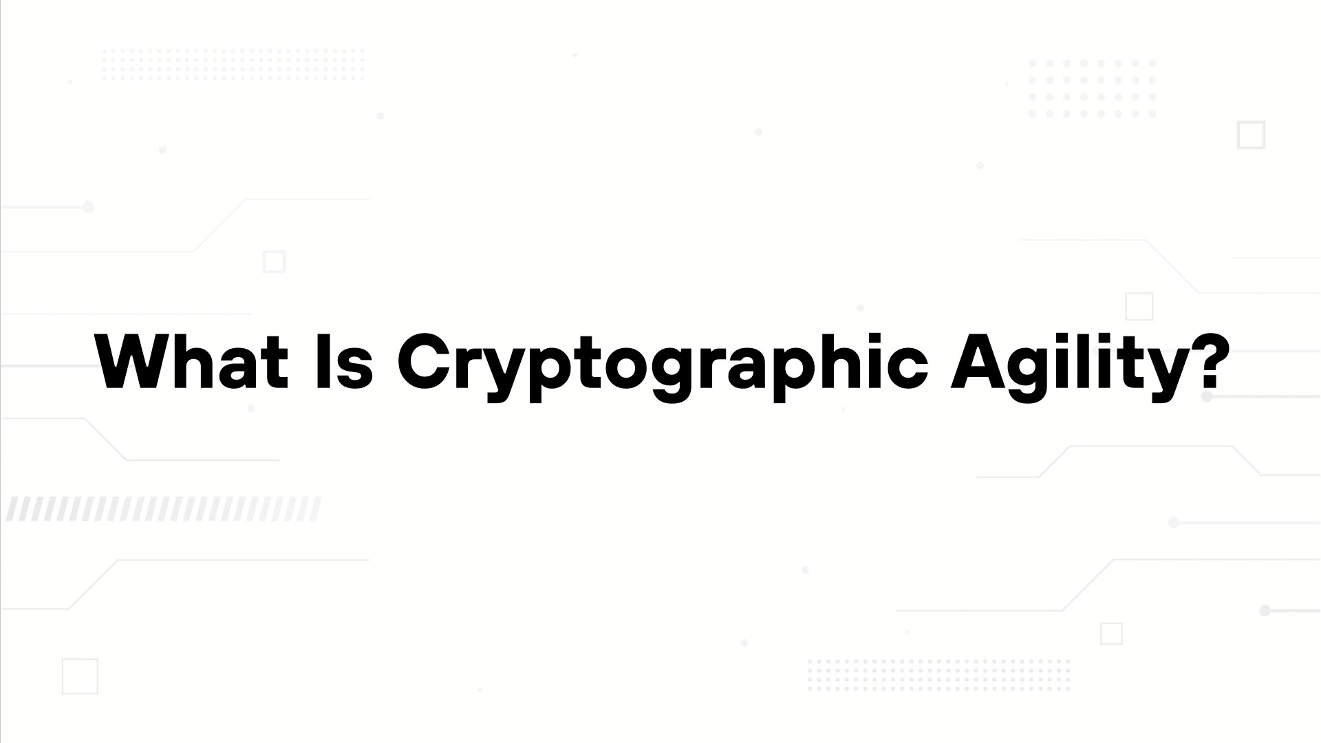A minimalist presentation slide features a white background with faint, high-tech geometric patterns of lines, dots, and small squares. Large, bold black text in the center reads 'What Is Cryptographic Agility?'.