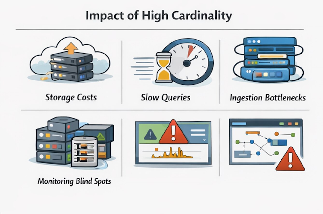 Infographic illustrating the impact of high cardinality on observability platforms, including rising storage costs, slower queries, ingestion bottlenecks, and monitoring blind spots.